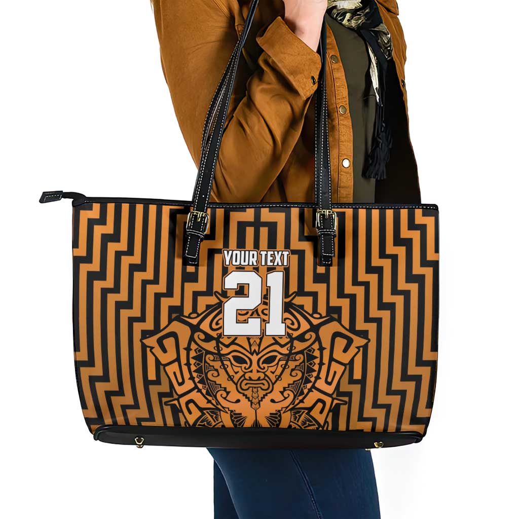 Custom Basketball New Zealand Leather Tote Bag Gold Maori Ta Moko Indigenous - Polynesian Pride
