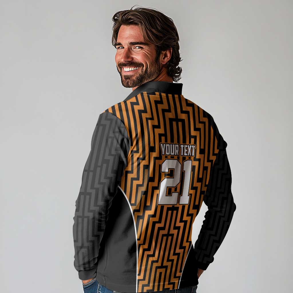 Custom Basketball New Zealand Long Sleeve Polo Shirt Gold Maori Ta Moko Indigenous - Polynesian Pride