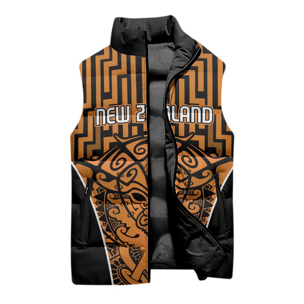 Custom Basketball New Zealand Sleeveless Puffer Jacket Gold Maori Ta Moko Indigenous LT9 - Polynesian Pride