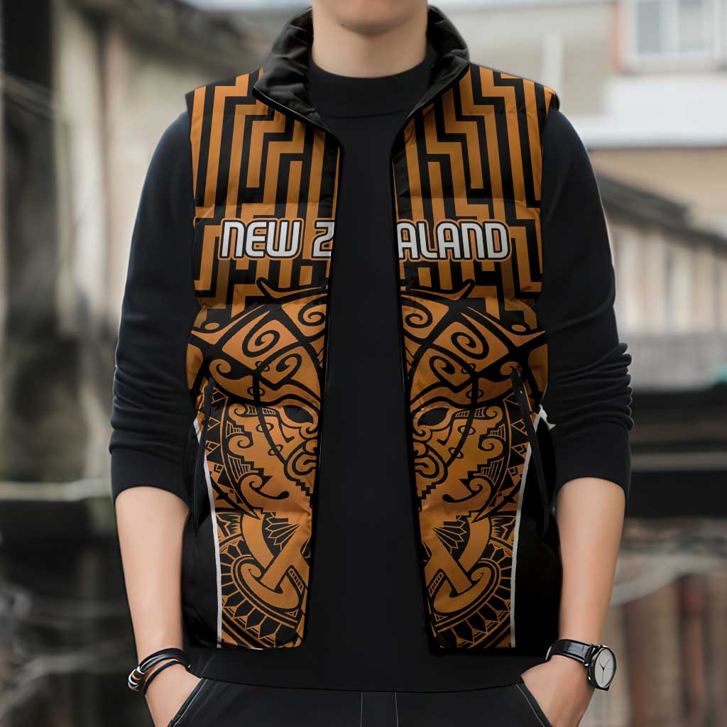 Custom Basketball New Zealand Sleeveless Puffer Jacket Gold Maori Ta Moko Indigenous LT9 - Polynesian Pride