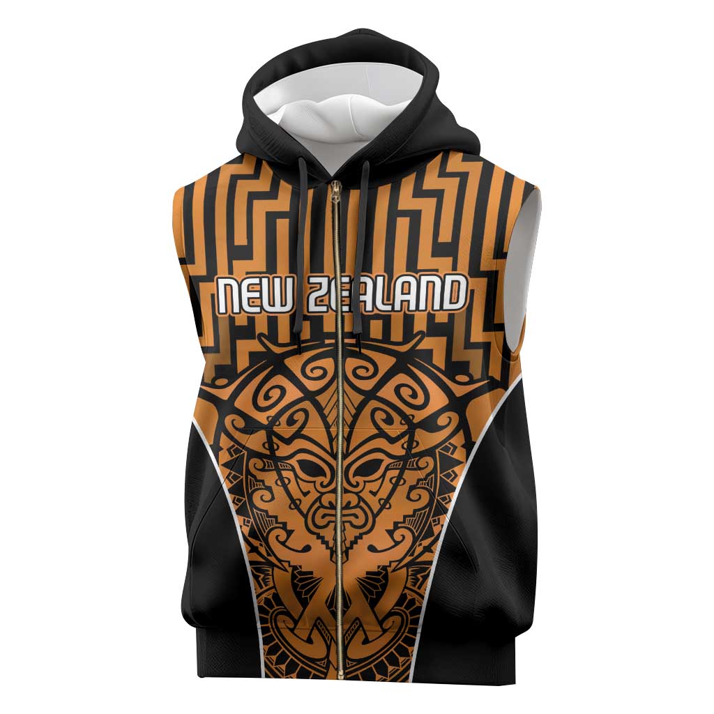 Custom Basketball New Zealand Sleeveless Zip Hoodie Gold Maori Ta Moko Indigenous - Polynesian Pride