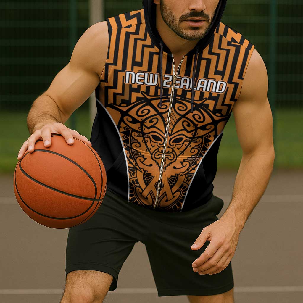 Custom Basketball New Zealand Sleeveless Zip Hoodie Gold Maori Ta Moko Indigenous - Polynesian Pride
