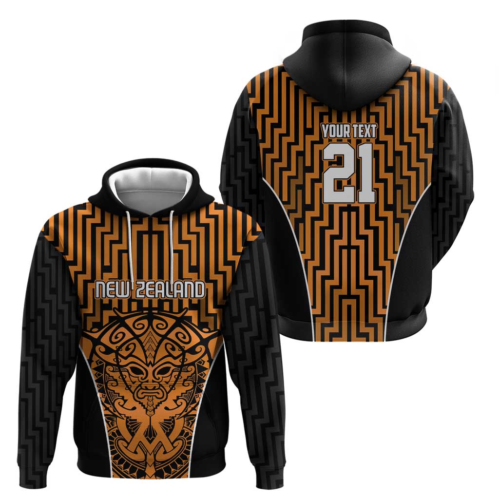 Custom Basketball New Zealand Zip Hoodie Gold Maori Ta Moko Indigenous - Polynesian Pride