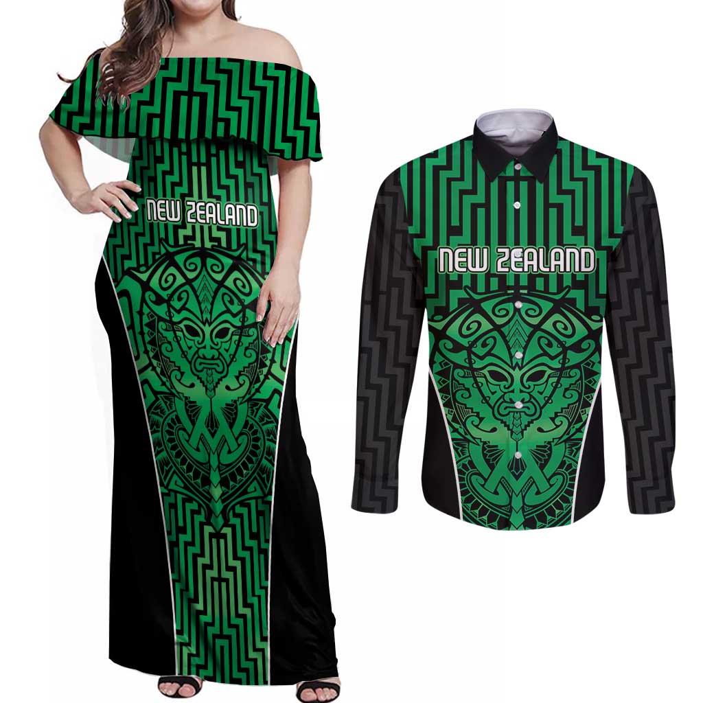 Custom Basketball New Zealand Couples Matching Off Shoulder Maxi Dress and Long Sleeve Button Shirt Green Maori Ta Moko Indigenous - Polynesian Pride
