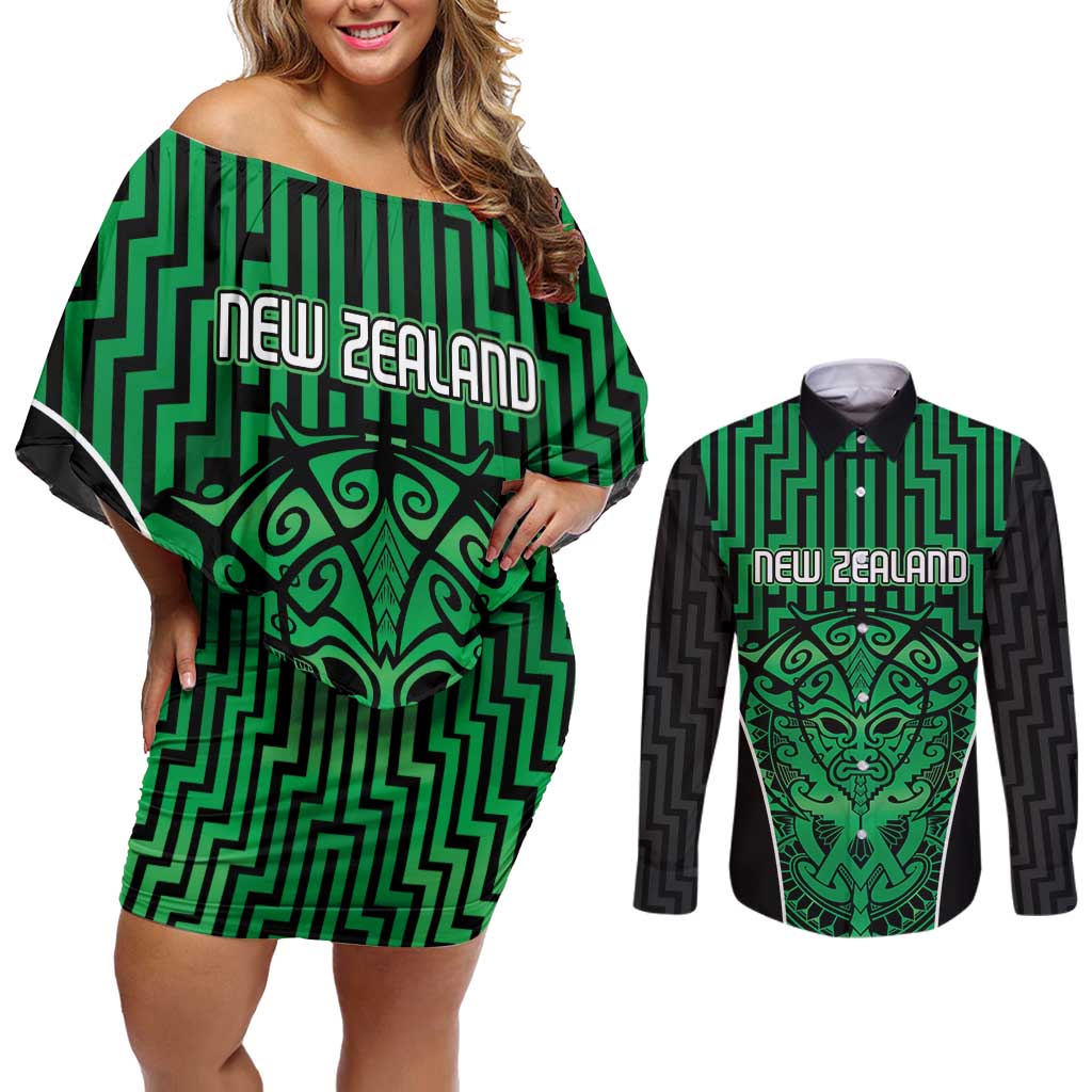 Custom Basketball New Zealand Couples Matching Off Shoulder Short Dress and Long Sleeve Button Shirt Green Maori Ta Moko Indigenous - Polynesian Pride