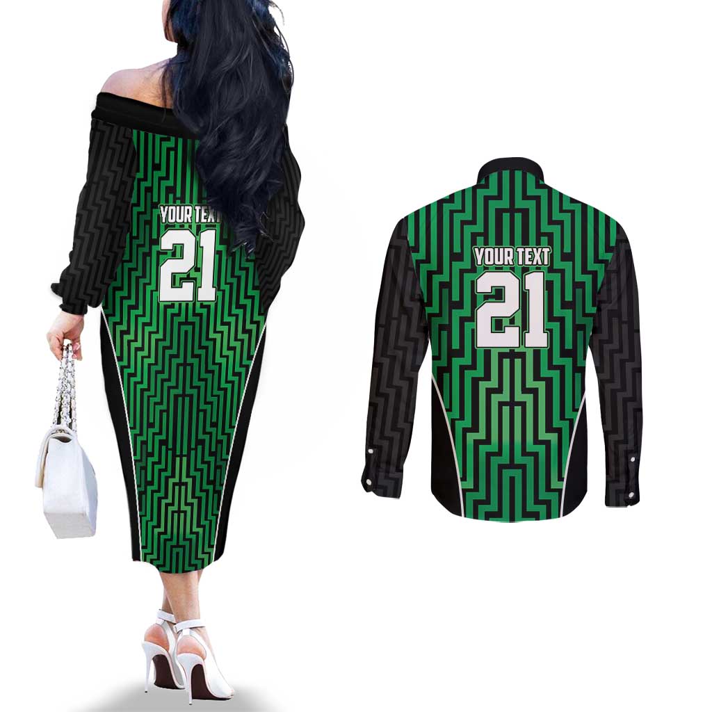Custom Basketball New Zealand Couples Matching Off The Shoulder Long Sleeve Dress and Long Sleeve Button Shirt Green Maori Ta Moko Indigenous - Polynesian Pride
