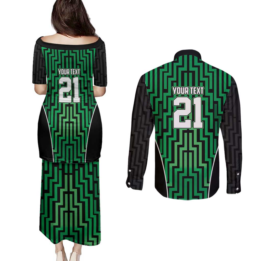 Custom Basketball New Zealand Couples Matching Puletasi and Long Sleeve Button Shirt Green Maori Ta Moko Indigenous - Polynesian Pride