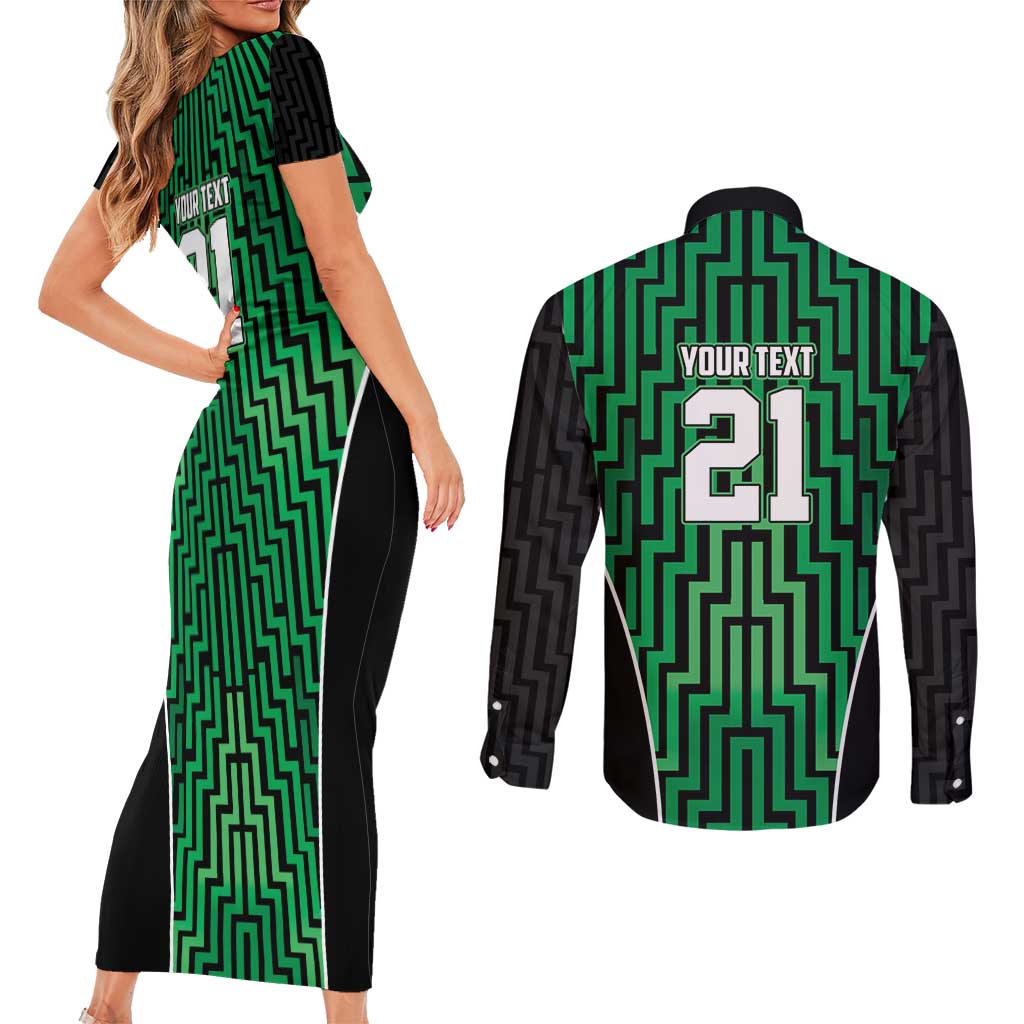 Custom Basketball New Zealand Couples Matching Short Sleeve Bodycon Dress and Long Sleeve Button Shirt Green Maori Ta Moko Indigenous - Polynesian Pride