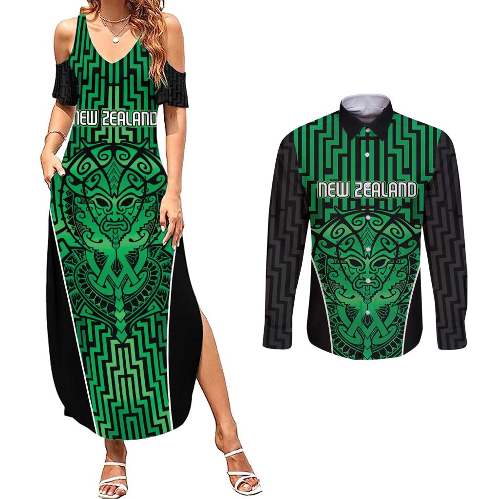 Custom Basketball New Zealand Couples Matching Summer Maxi Dress and Long Sleeve Button Shirt Green Maori Ta Moko Indigenous - Polynesian Pride