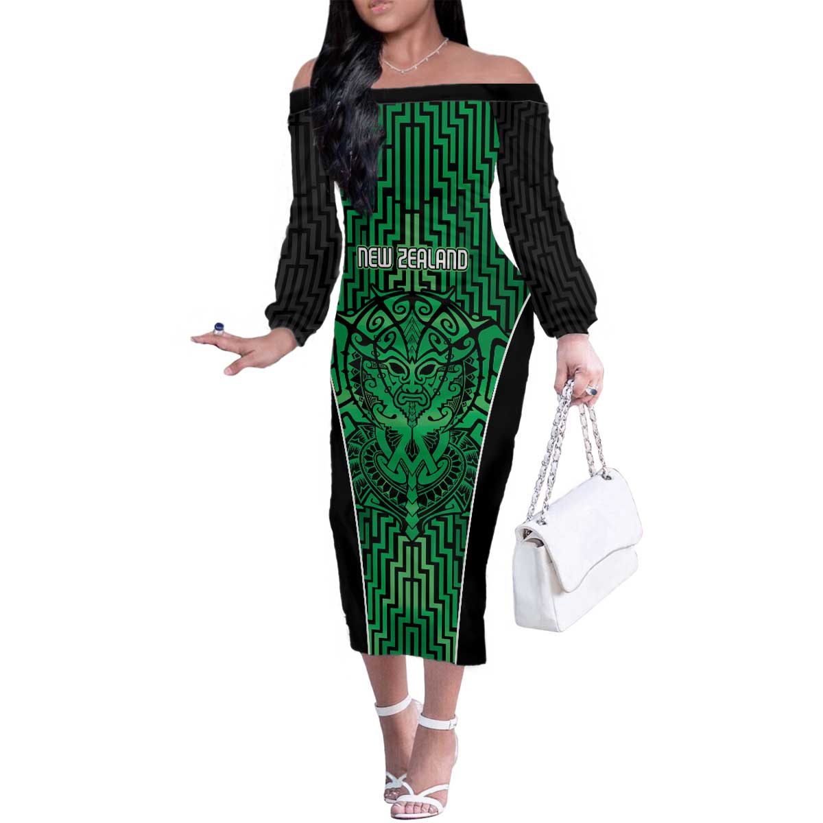 Custom Basketball New Zealand Family Matching Off The Shoulder Long Sleeve Dress and Hawaiian Shirt Green Maori Ta Moko Indigenous - Polynesian Pride
