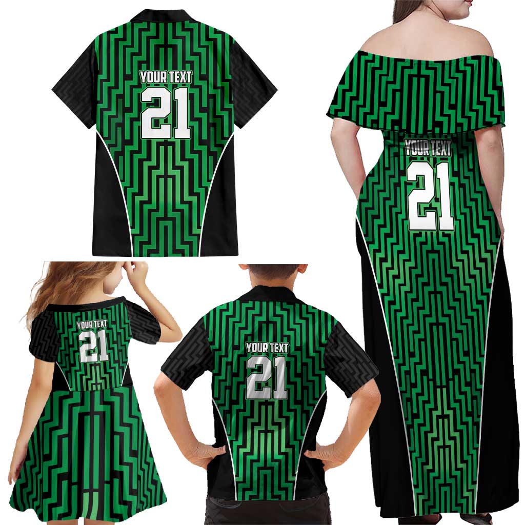 Custom Basketball New Zealand Family Matching Off Shoulder Maxi Dress and Hawaiian Shirt Green Maori Ta Moko Indigenous - Polynesian Pride