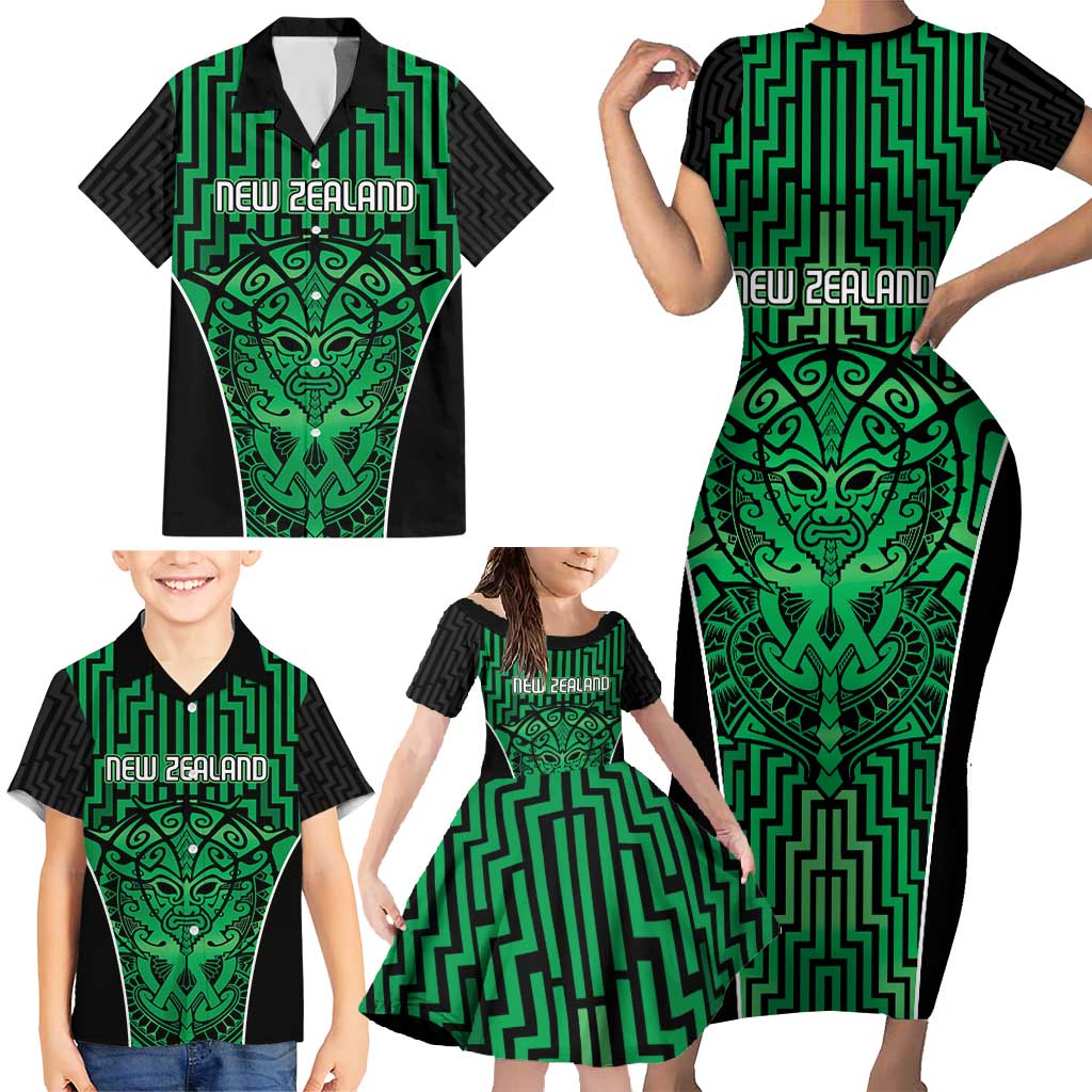 Custom Basketball New Zealand Family Matching Short Sleeve Bodycon Dress and Hawaiian Shirt Green Maori Ta Moko Indigenous - Polynesian Pride