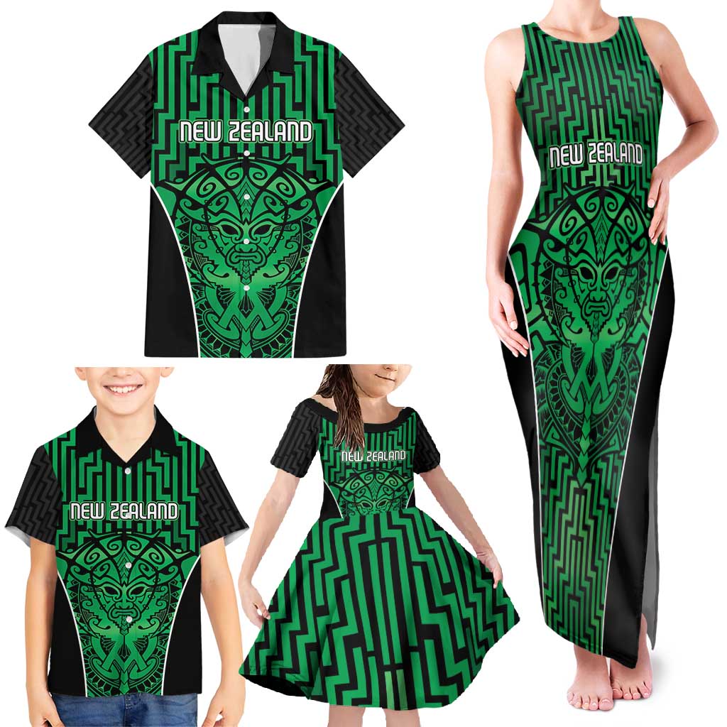 Custom Basketball New Zealand Family Matching Tank Maxi Dress and Hawaiian Shirt Green Maori Ta Moko Indigenous - Polynesian Pride