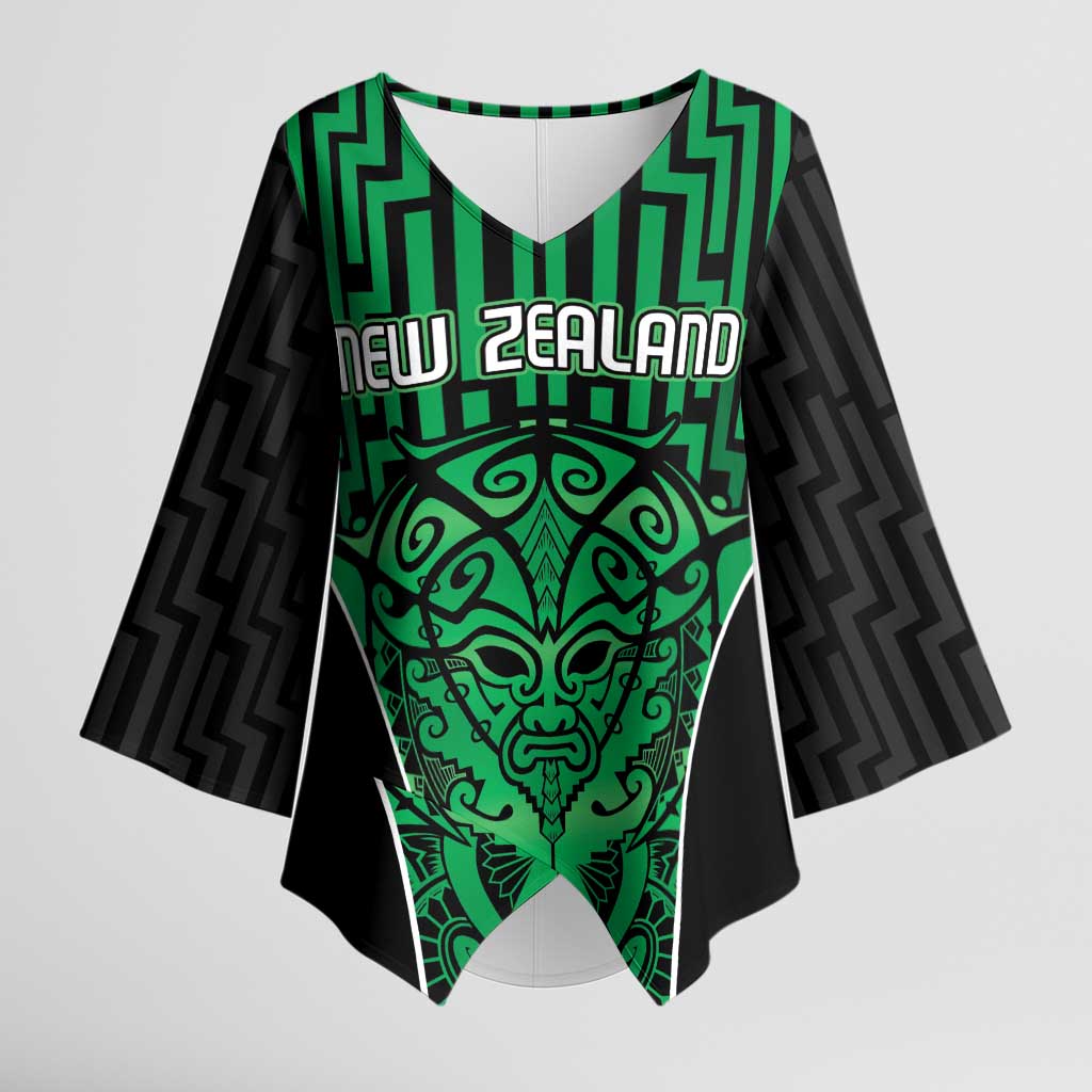 Custom Basketball New Zealand Kimono Sleeve Blouse Green Maori Ta Moko Indigenous - Polynesian Pride
