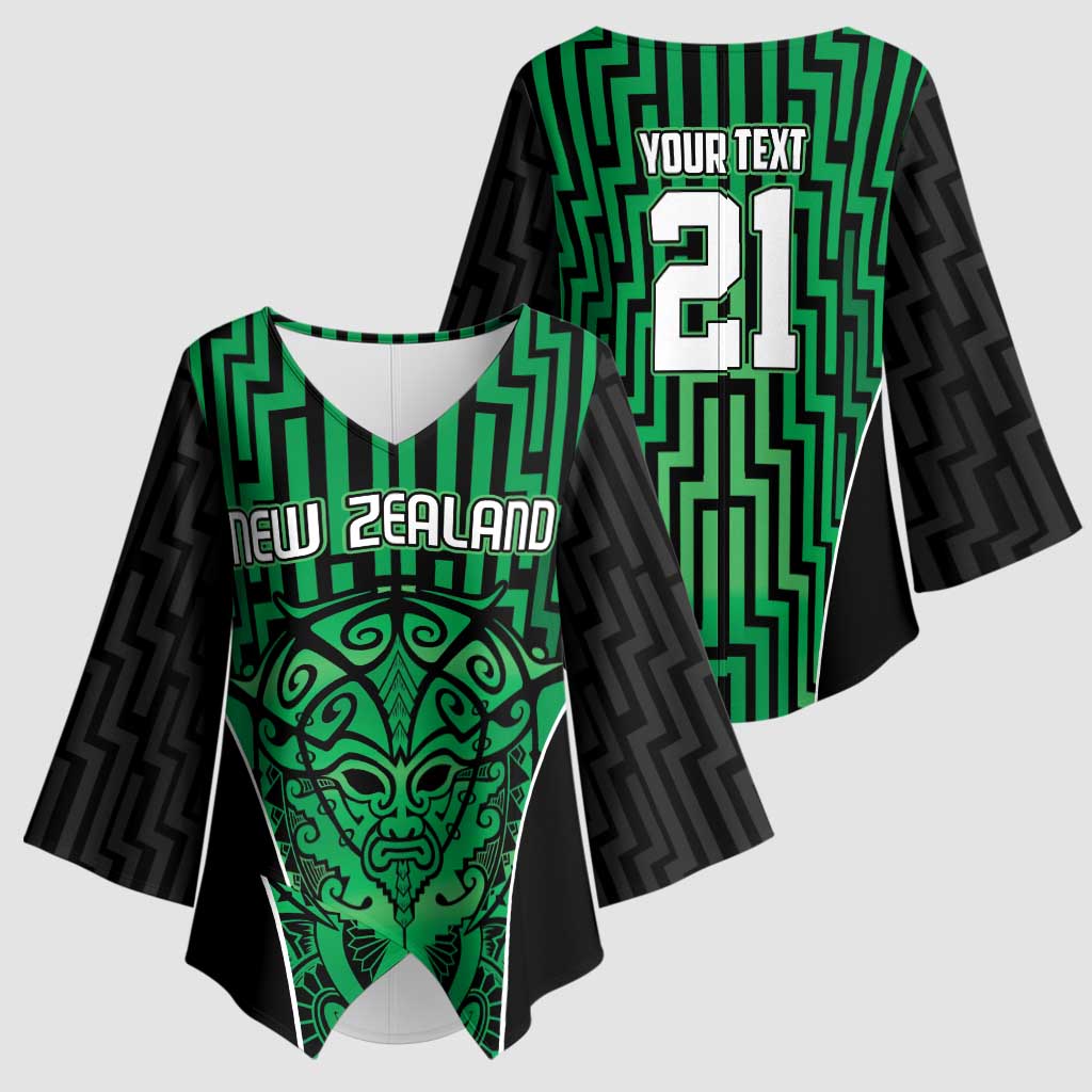 Custom Basketball New Zealand Kimono Sleeve Blouse Green Maori Ta Moko Indigenous - Polynesian Pride