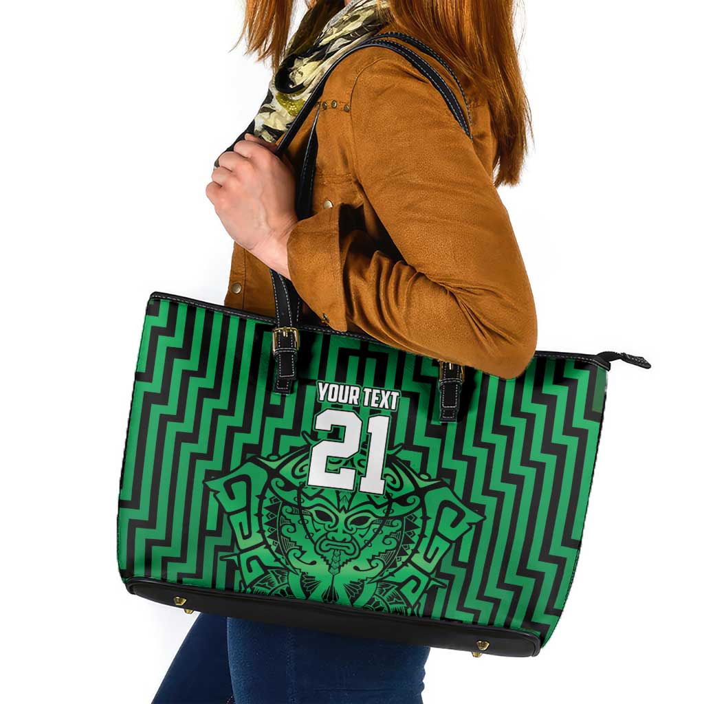 Custom Basketball New Zealand Leather Tote Bag Green Maori Ta Moko Indigenous - Polynesian Pride