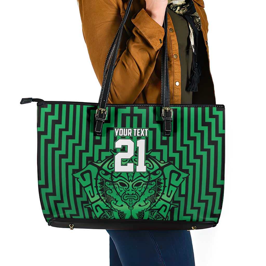 Custom Basketball New Zealand Leather Tote Bag Green Maori Ta Moko Indigenous - Polynesian Pride
