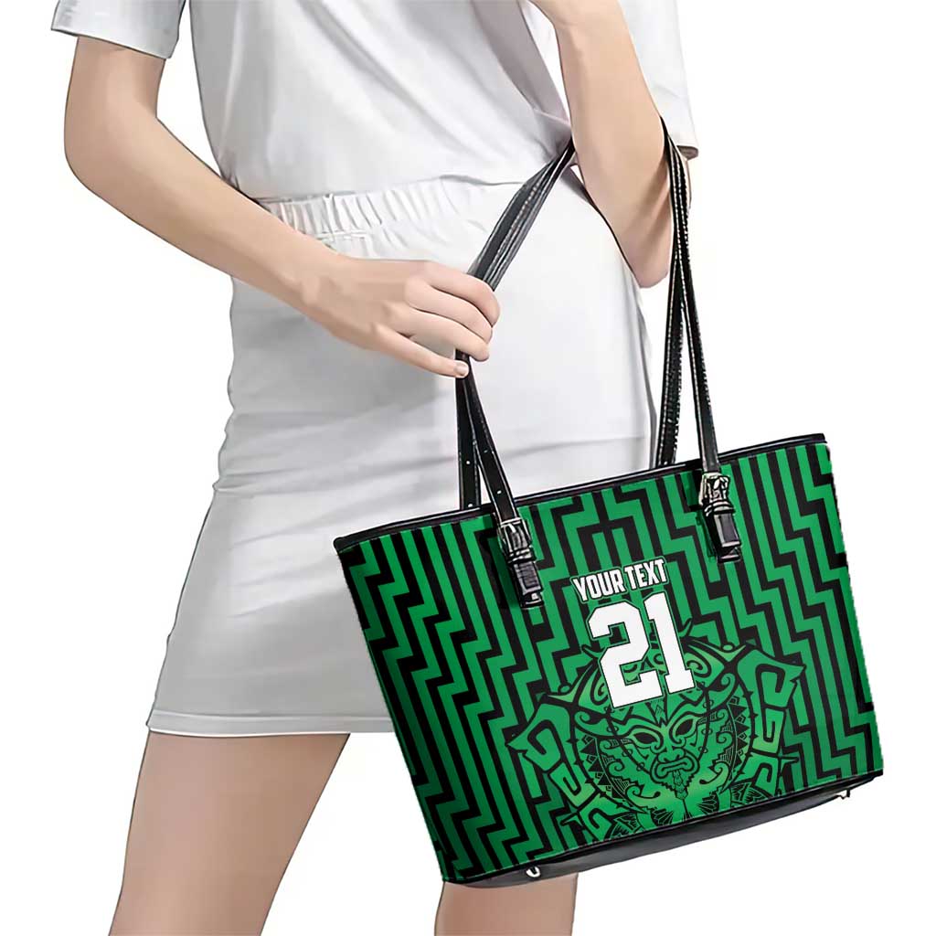 Custom Basketball New Zealand Leather Tote Bag Green Maori Ta Moko Indigenous - Polynesian Pride