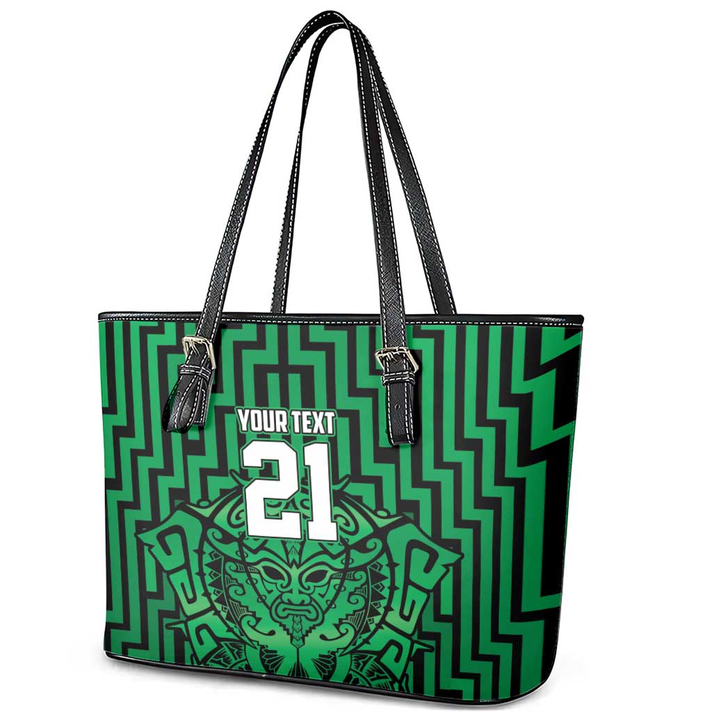 Custom Basketball New Zealand Leather Tote Bag Green Maori Ta Moko Indigenous - Polynesian Pride