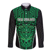 Custom Basketball New Zealand Long Sleeve Button Shirt Green Maori Ta Moko Indigenous - Polynesian Pride