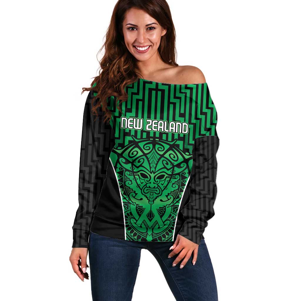 Custom Basketball New Zealand Off Shoulder Sweater Green Maori Ta Moko Indigenous - Polynesian Pride