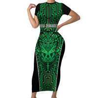 Custom Basketball New Zealand Short Sleeve Bodycon Dress Green Maori Ta Moko Indigenous - Polynesian Pride