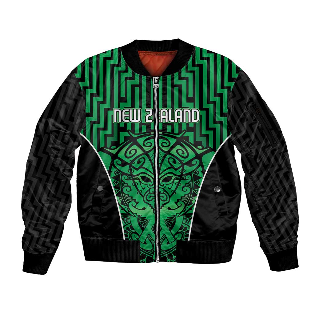 Custom Basketball New Zealand Sleeve Zip Bomber Jacket Green Maori Ta Moko Indigenous - Polynesian Pride