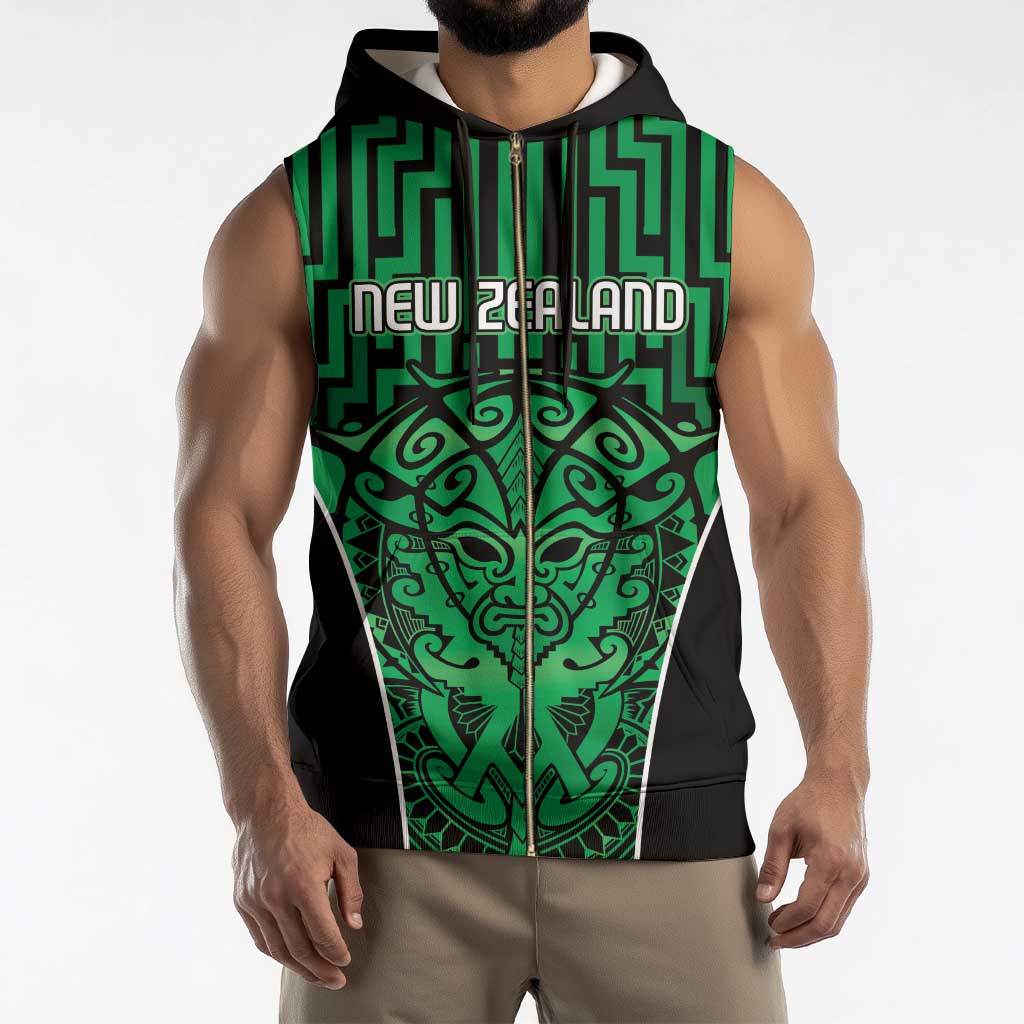 Custom Basketball New Zealand Sleeveless Zip Hoodie Green Maori Ta Moko Indigenous - Polynesian Pride