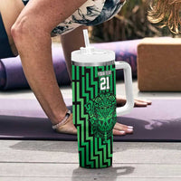 Custom Basketball New Zealand Tumbler With Handle Green Maori Ta Moko Indigenous - Polynesian Pride