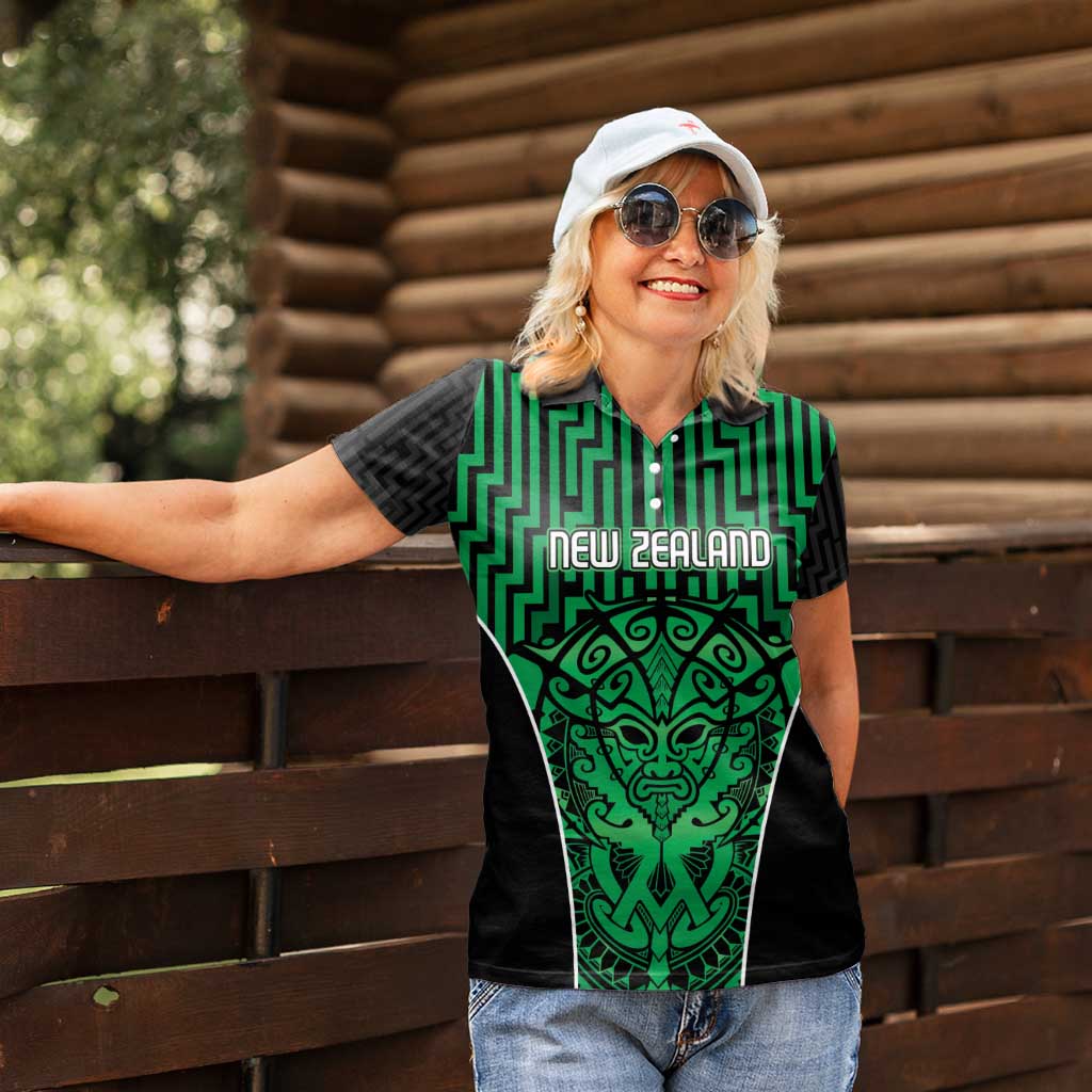 Custom Basketball New Zealand Women Polo Shirt Green Maori Ta Moko Indigenous - Polynesian Pride