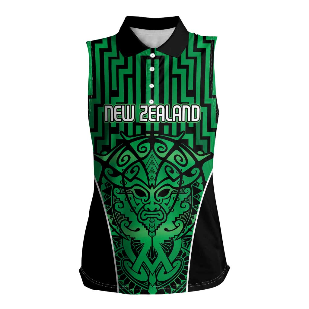 Custom Basketball New Zealand Women Sleeveless Polo Shirt Green Maori Ta Moko Indigenous - Polynesian Pride