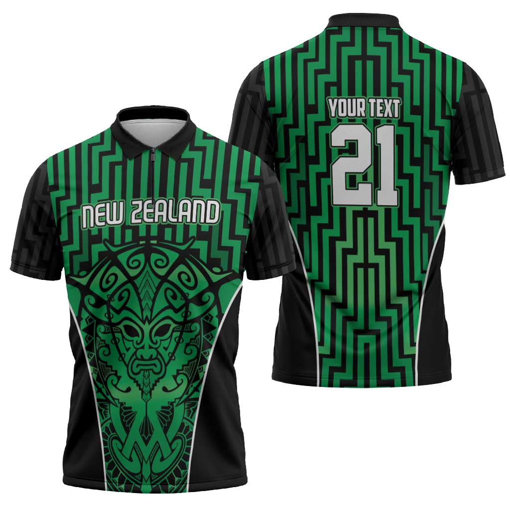 Custom Basketball New Zealand Zipper Polo Shirt Green Maori Ta Moko Indigenous - Polynesian Pride