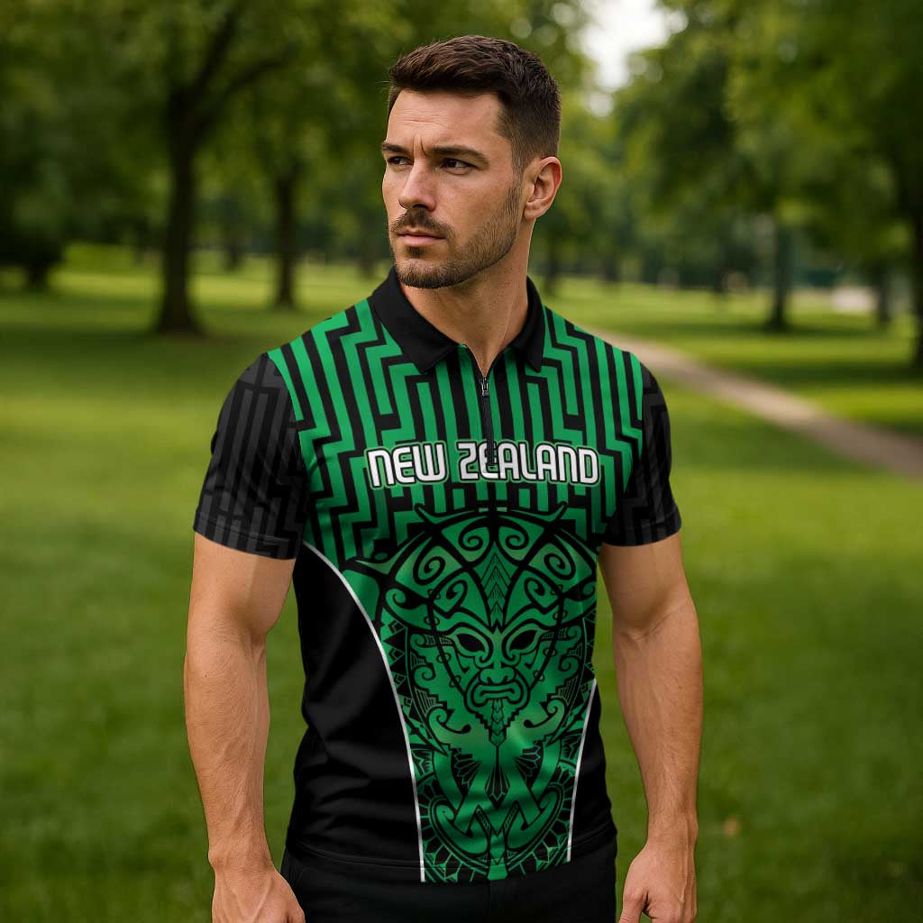 Custom Basketball New Zealand Zipper Polo Shirt Green Maori Ta Moko Indigenous - Polynesian Pride