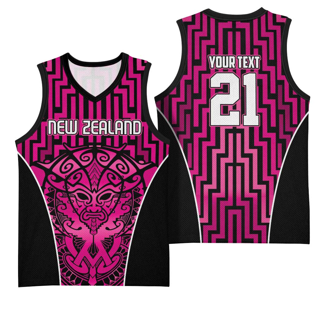 Custom Basketball New Zealand Basketball Jersey Pink Maori Ta Moko Indigenous - Polynesian Pride