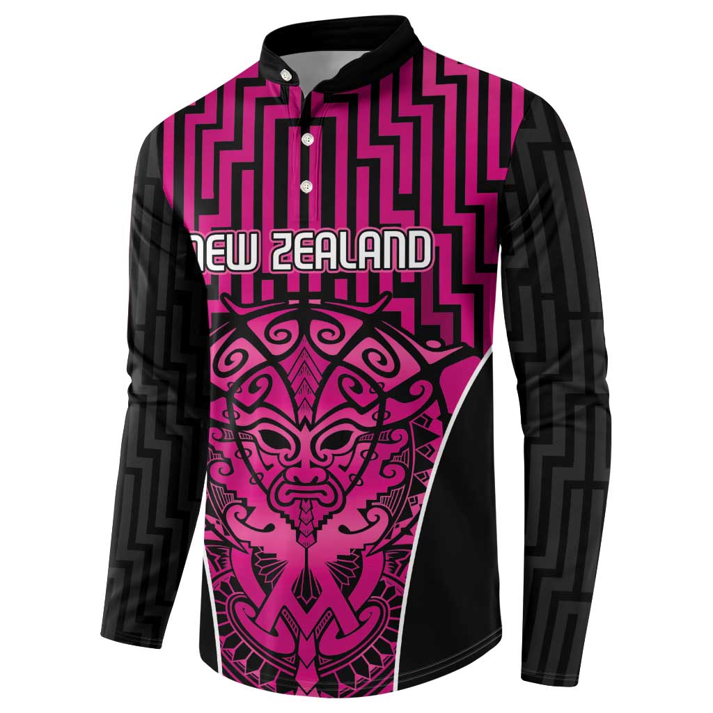 Custom Basketball New Zealand Button Sweatshirt Pink Maori Ta Moko Indigenous - Polynesian Pride