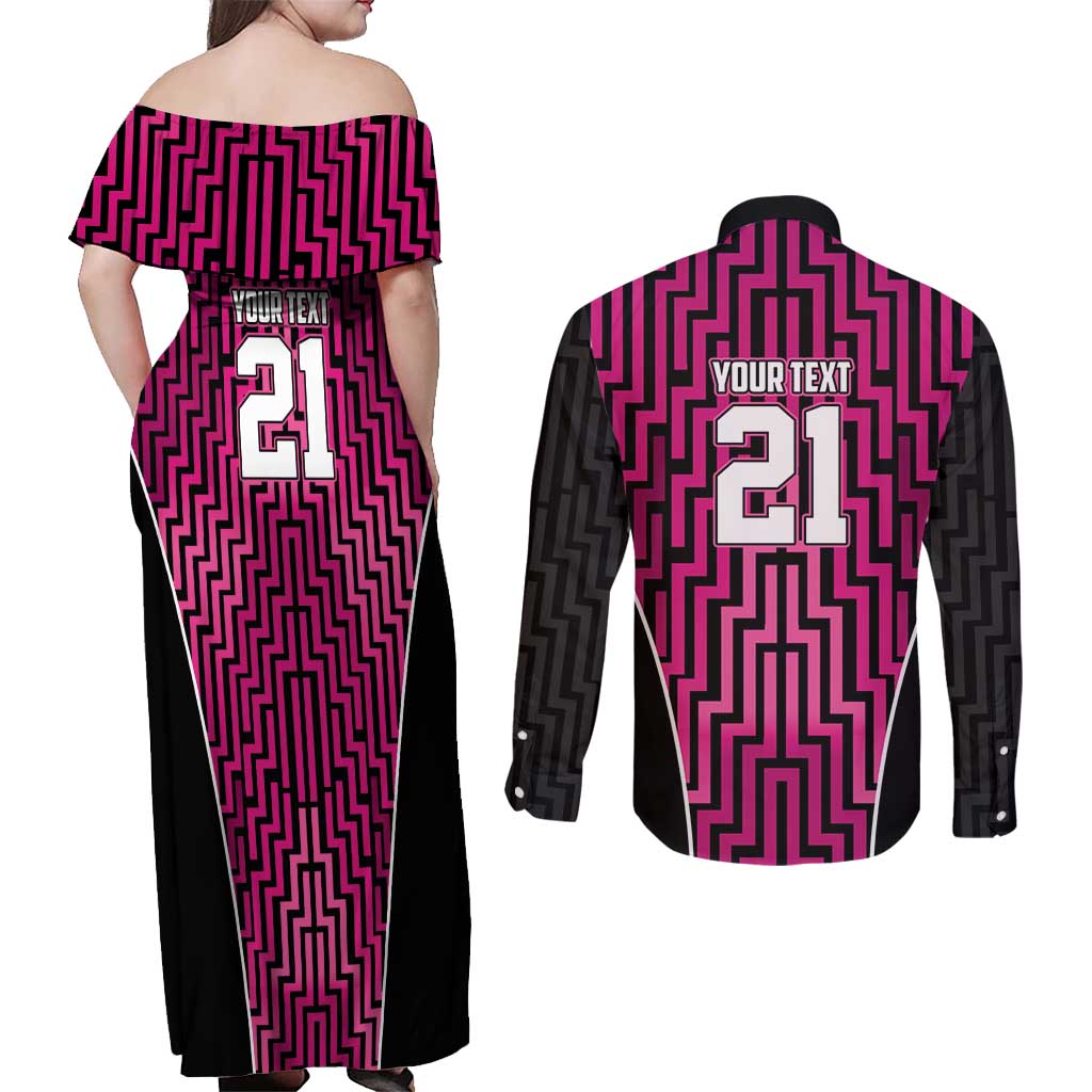 Custom Basketball New Zealand Couples Matching Off Shoulder Maxi Dress and Long Sleeve Button Shirt Pink Maori Ta Moko Indigenous - Polynesian Pride