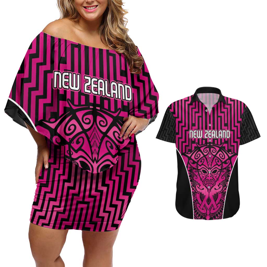 Custom Basketball New Zealand Couples Matching Off Shoulder Short Dress and Hawaiian Shirt Pink Maori Ta Moko Indigenous - Polynesian Pride