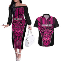 Custom Basketball New Zealand Couples Matching Off The Shoulder Long Sleeve Dress and Hawaiian Shirt Pink Maori Ta Moko Indigenous - Polynesian Pride