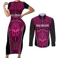 Custom Basketball New Zealand Couples Matching Short Sleeve Bodycon Dress and Long Sleeve Button Shirt Pink Maori Ta Moko Indigenous - Polynesian Pride