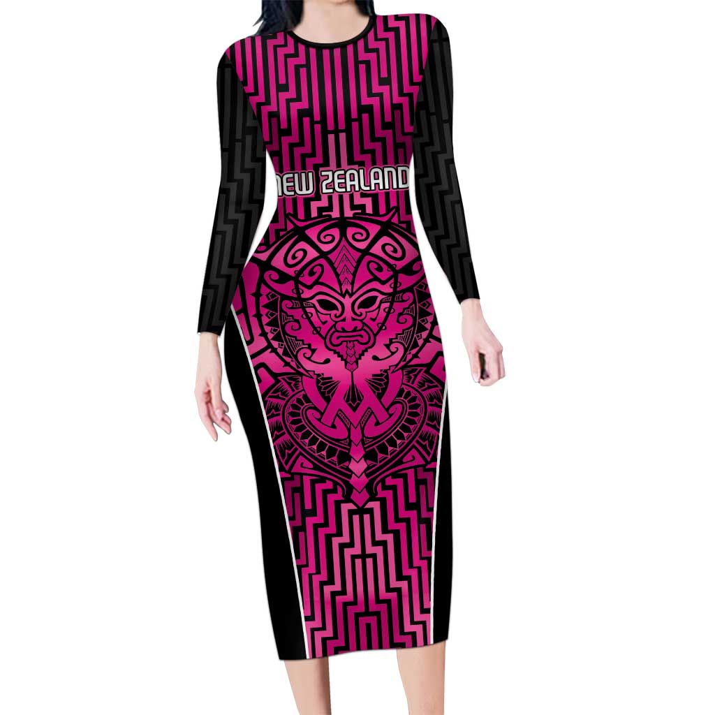 Custom Basketball New Zealand Family Matching Long Sleeve Bodycon Dress and Hawaiian Shirt Pink Maori Ta Moko Indigenous - Polynesian Pride
