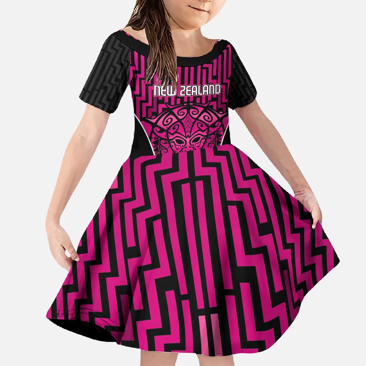 Custom Basketball New Zealand Family Matching Off The Shoulder Long Sleeve Dress and Hawaiian Shirt Pink Maori Ta Moko Indigenous - Polynesian Pride