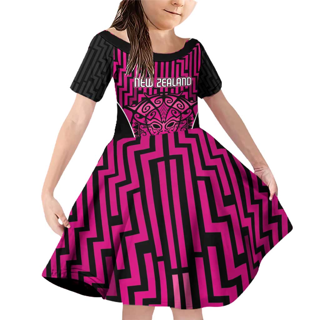Custom Basketball New Zealand Family Matching Off Shoulder Short Dress and Hawaiian Shirt Pink Maori Ta Moko Indigenous - Polynesian Pride
