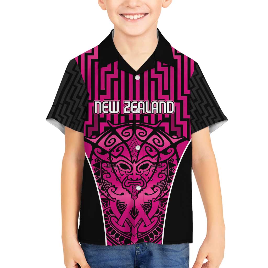 Custom Basketball New Zealand Family Matching Off Shoulder Short Dress and Hawaiian Shirt Pink Maori Ta Moko Indigenous - Polynesian Pride