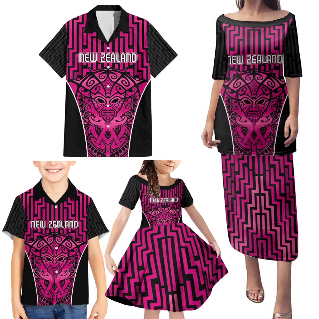 Custom Basketball New Zealand Family Matching Puletasi and Hawaiian Shirt Pink Maori Ta Moko Indigenous - Polynesian Pride