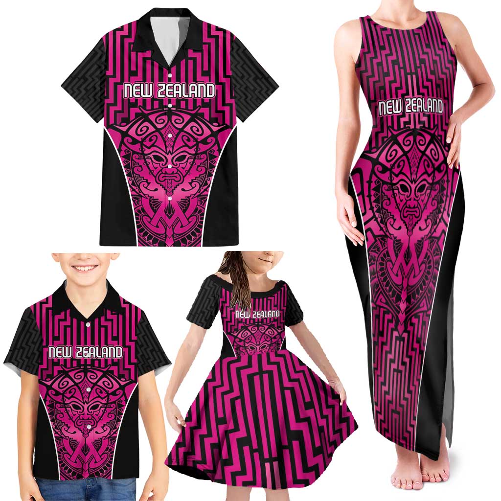 Custom Basketball New Zealand Family Matching Tank Maxi Dress and Hawaiian Shirt Pink Maori Ta Moko Indigenous - Polynesian Pride