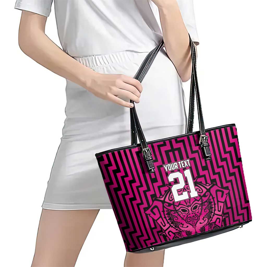Custom Basketball New Zealand Leather Tote Bag Pink Maori Ta Moko Indigenous - Polynesian Pride
