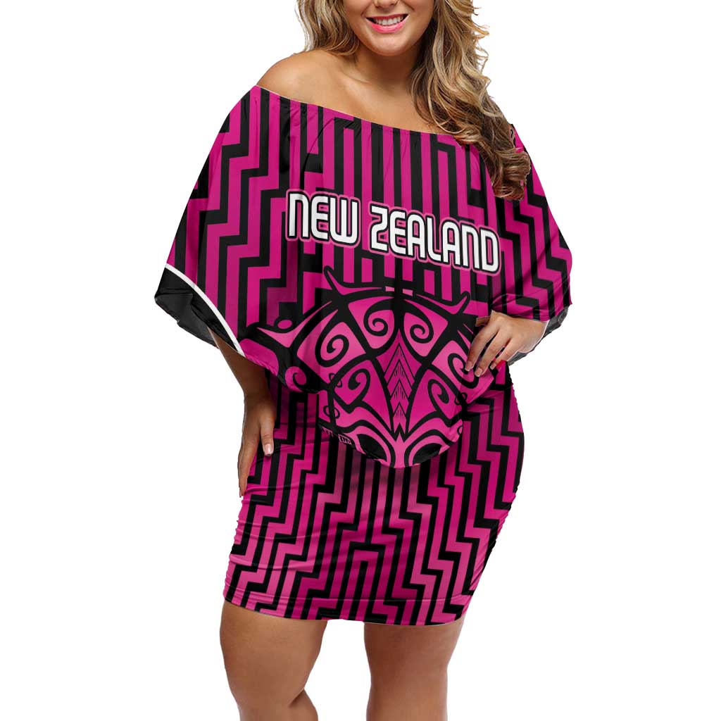 Custom Basketball New Zealand Off Shoulder Short Dress Pink Maori Ta Moko Indigenous - Polynesian Pride