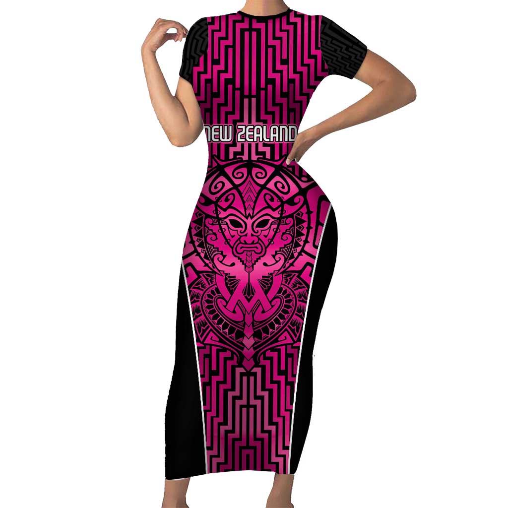 Custom Basketball New Zealand Short Sleeve Bodycon Dress Pink Maori Ta Moko Indigenous - Polynesian Pride