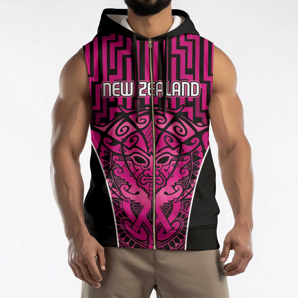 Custom Basketball New Zealand Sleeveless Zip Hoodie Pink Maori Ta Moko Indigenous - Polynesian Pride