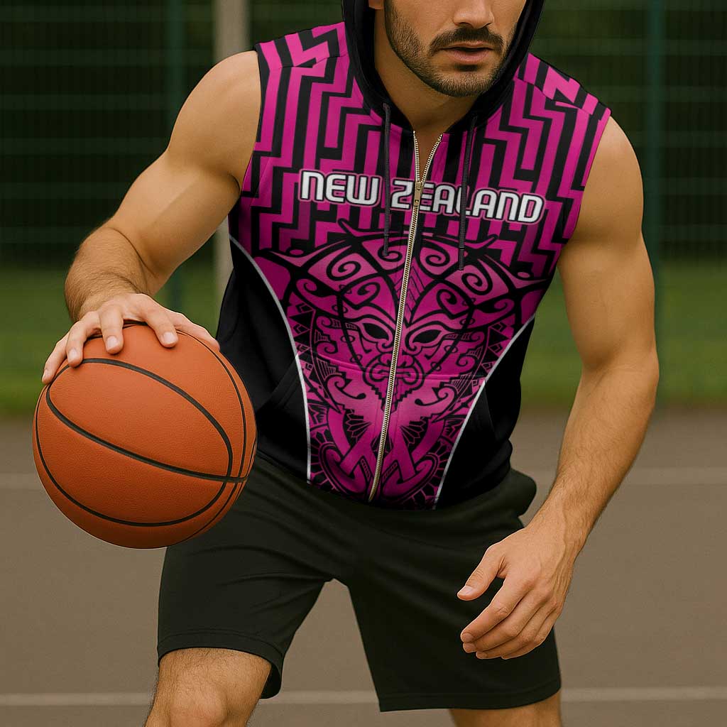 Custom Basketball New Zealand Sleeveless Zip Hoodie Pink Maori Ta Moko Indigenous - Polynesian Pride